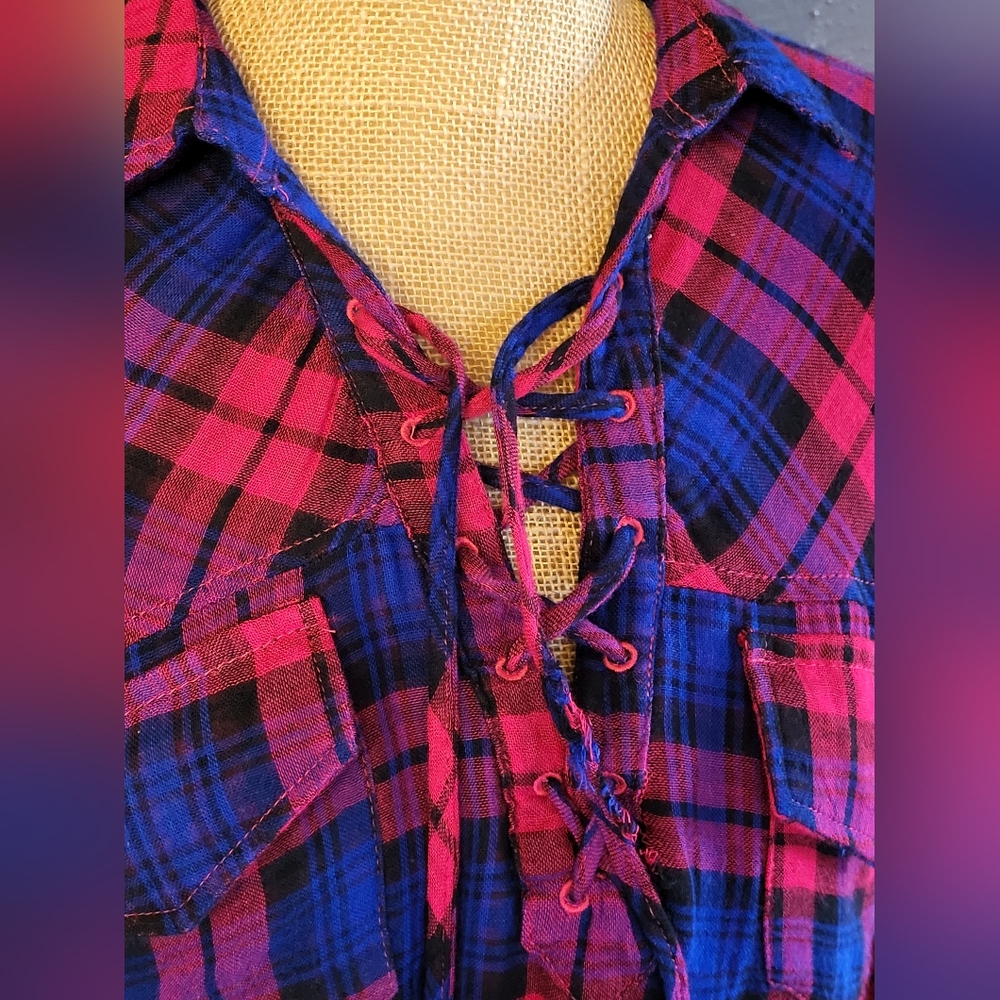 Umgee Flannel Plaid Blouse Pullover Tie Front Medium - Picture 7 of 10